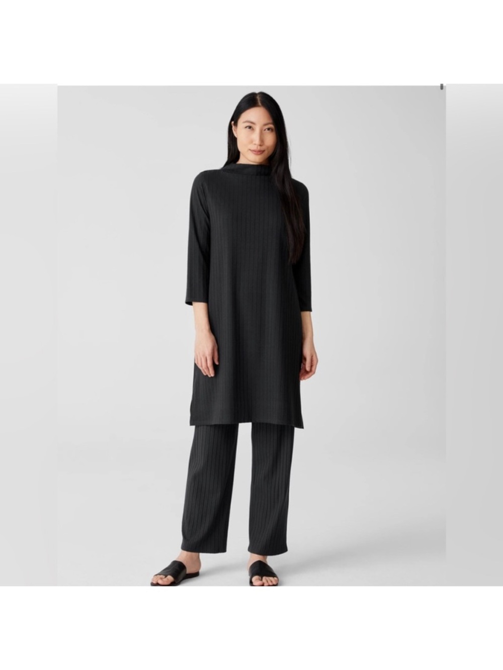 Eileen Fisher Granite Black ribbed funnel neck tunic dress size small